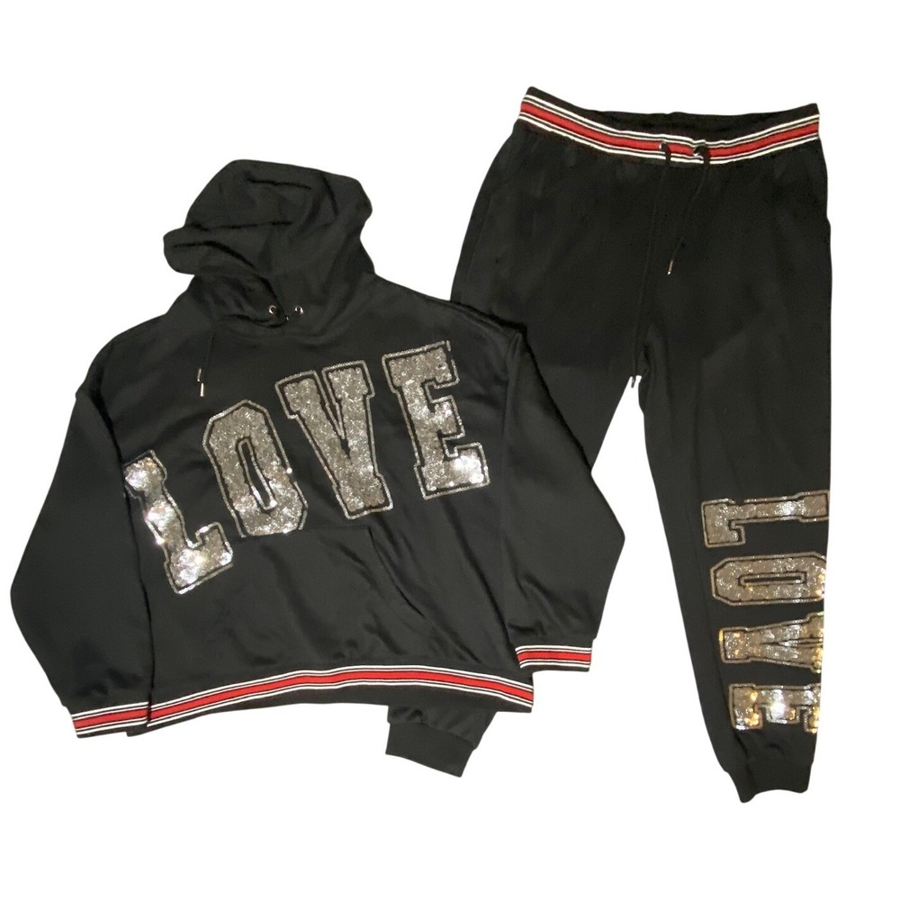 Ashley Sport Womens Black Sequin LOVE Tracksuit Hoodie Joggers Set *Measurements
